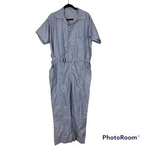 Vintage Sears Work Leisure Short Sleeve Coverall Jumpsuit Striped Blue Belted